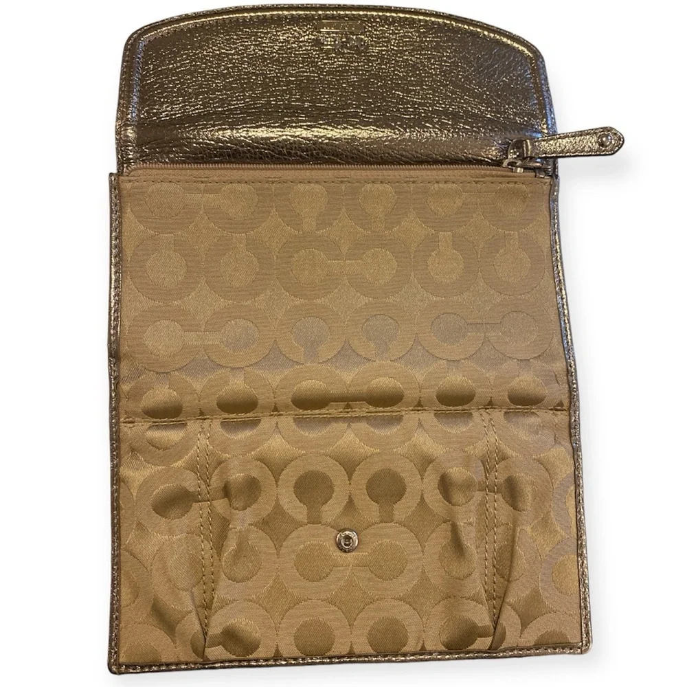 💕COACH Set Madison Metallic Silver & Tan Op Art Canvas Carryall Wallet